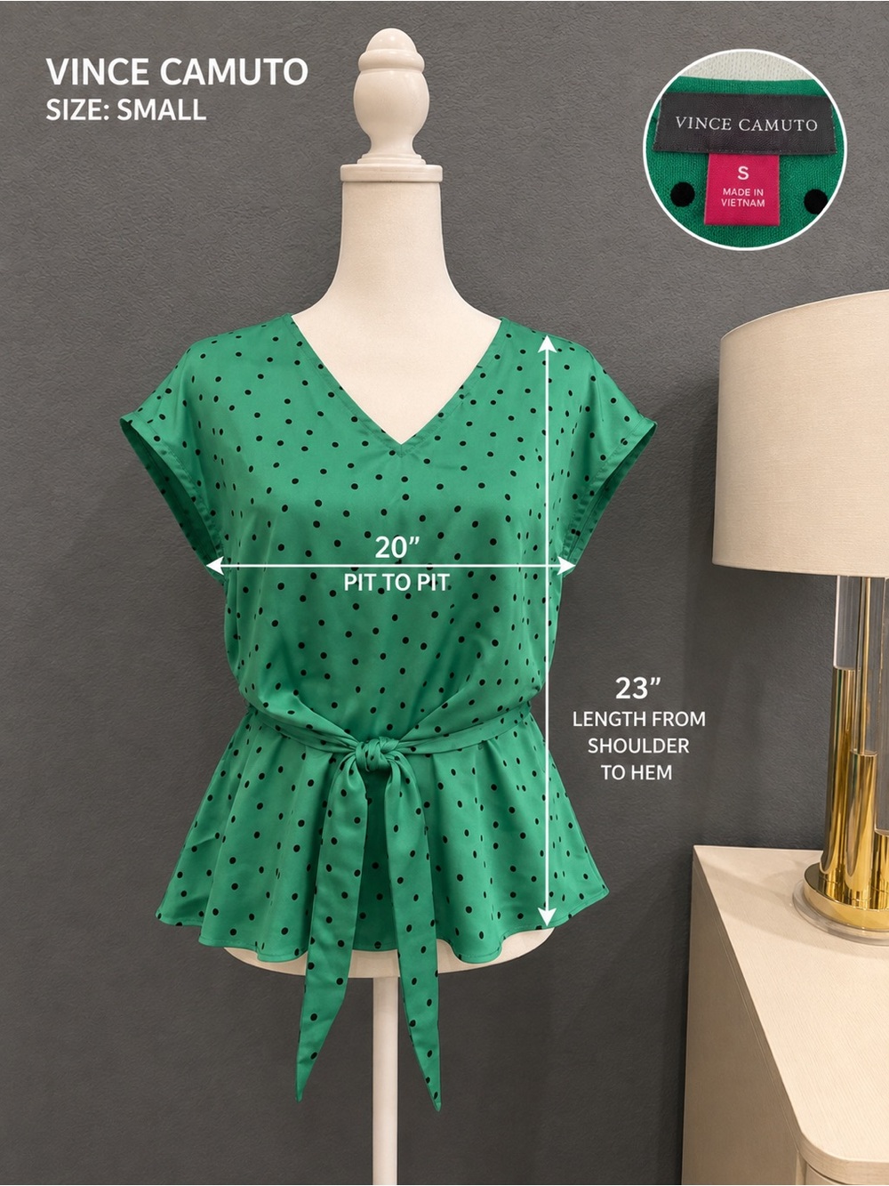 Vince Camuto Green Black Polka Dot V-Neck Belted Peplum Blouse Small - Picture 3 of 5